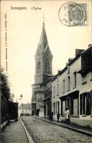 Ak Jemappes Wallonien Hennegau, Kirche von  Straße mit Häusern und Passanten