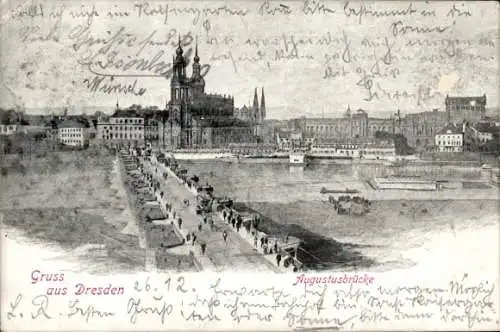 Ak Dresden Altstadt, Augustusbrücke, Fluss mit Promenade,  Architektur