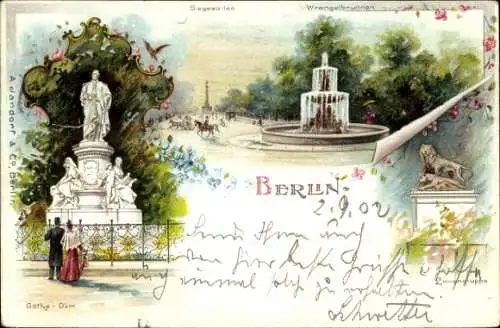 Litho Berlin Tiergarten, Siegesallee, Löwengruppe, Goethe Denkmal