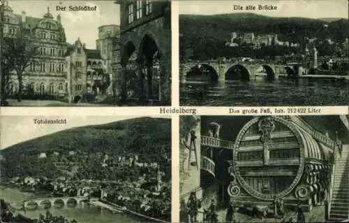 Ak Heidelberg am Neckar, Der Schloßhof, Die alte Brücke, Totalansicht, Das große Faß