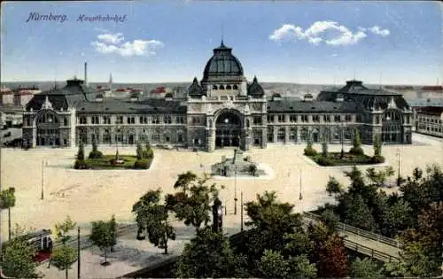 Ak Nürnberg in Mittelfranken, Hauptbahnhof, Gebäude, grüne Bäume, Himmel