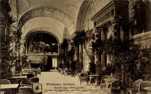 Ak Wiesbaden in Hessen,  Kurhaus, Muschel-Saal, Wintergarten, Wandgemälde von Fritz Erier