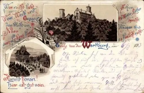 Ak Lutherstadt Eisenach in Thüringen, Wartburg, Burgansicht, Text über Wein, Weib und Gesang, ein
