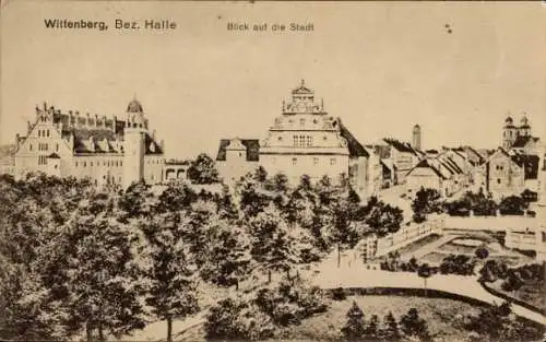 Ak Lutherstadt Wittenberg, Stadtansicht, alte Gebäude, Bäume im Vordergrund, 