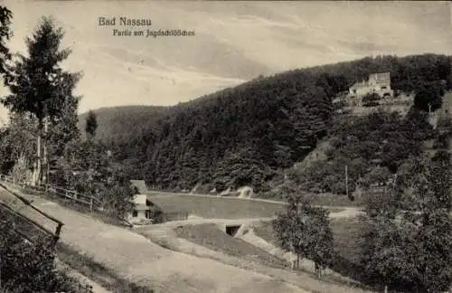 Ak Bad Nassau an der Lahn,  Partie am Jagdschlößchen, Landschaft, Gebäude, Bäume