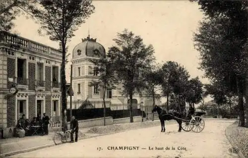 Ak Champigny sur Marne Val de Marne, Ansicht von  Pferd und Wagen, Gebäude, Bäume