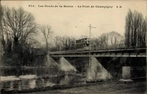 Ak Champigny sur Marne Val de Marne, Brücke über den Fluss Marne, Doppelstockbus, Bäume, Wasser