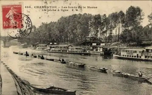 Ak Charenton le Pont Val de Marne, Flusslandschaft, Boote, Bäume, Brücke, Poststempel