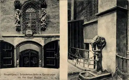 Ak Wrocław Breslau Schlesien, Haupteingang, Schweidnitzer Keller, Bärenbrunnen, Max Kluge