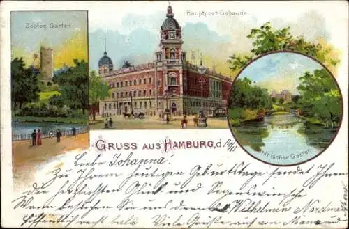 Ak Hamburg Mitte Altstadt, Hauptpostgebäude, Zoologischer Garten, schöner Park, farbenfrohe 