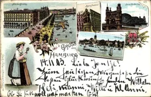 Ak Hamburg Mitte Altstadt, Alter Jungfernstieg, Denkmal, Hafenansicht, Gruss aus Hamburg