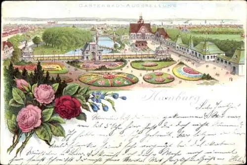 Ak Hamburg Mitte Altstadt, Gartenbau Ausstellung, Blumenmeer, architektonische Elemente,  Ansicht