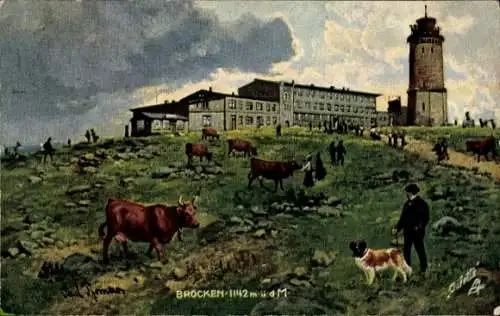 Ak Brocken im Harz, Landschaft mit Kühen, Brocken-Hotel, Leuchtturm, Wanderern