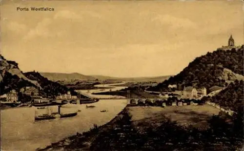 Ak Porta Westfalica an der Weser, Landschaftsansicht, Fluss mit Booten, Hügel im Hintergrund