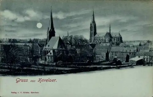 Ak Kevelaer am Niederrhein, Historische Stadtansicht, Kirche, Häuser, Mond im Hintergrund