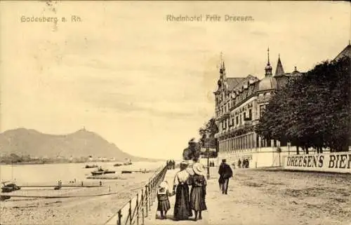 Ak Bad Godesberg Bonn am Rhein, Rheinhotel Fritz Dreesen, Flussufer, Personen, Berg im Hintergrun