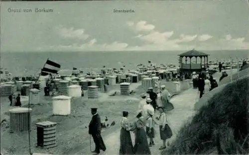 Ak Nordseebad Borkum in Ostfriesland, Strandpartie, viele Strandkörbe, Menschen, Pavillon, Nordse