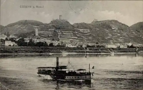Ak Kobern Gondorf an der Mosel, Weinanbaufelder, Flussdampfer
