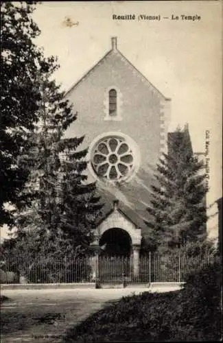 Ak Rouillé Vienne, Le Temple, Stilisierte Kirche, Rose Fenster, Allee, Bäume