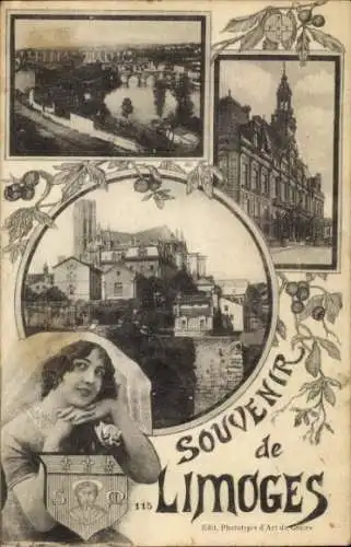 Ak Limoges Haute Vienne, Souvenir de   Gebäude, Dame mit Wappen