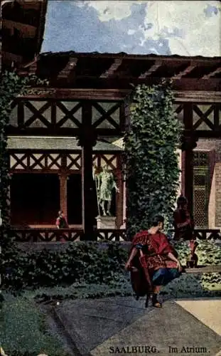 Ak Saalburg in Thüringen, Atrium, römische Ruine, Figuren, Überwucherung von Pflanzen