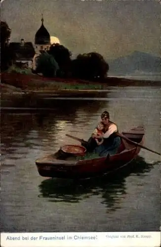 Künstler Ak Raupp, K., Frauenchiemsee Fraueninsel Chiemsee Oberbayern, Ruderboot, Frau, Kind