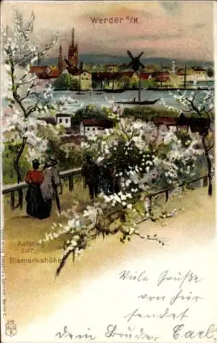 Ak Werder an der Havel, Blick auf Werder, Bismarckhöhe, blühende Bäume, Stadtansicht, Windmühle