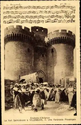 Ak Villeneuve lès Avignon Gard, Historische Festung, traditionelle Provenzalische Farandole, Musi
