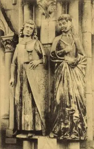 Ak Naumburg an der Saale, Reliefs Hermann und Regelyndis, Steinfiguren, künstlerische Gestaltung,