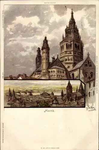 Ak Mainz am Rhein, Mainzer Dom, Stadtsicht, alte Architektur, farbenfrohe Illustration