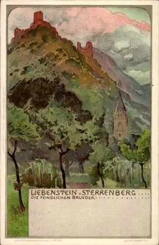 Künstler Litho Franz Hein, Kamp Bornhofen Rheinland Pfalz, Liebenstein und Sterrenberg, Burganlagen