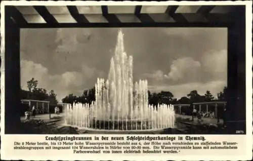 Ak Chemnitz in Sachsen, Leuchtspringbrunnen, Wasserpyramide, 8-13 Meter hoch, Farbenwechsel