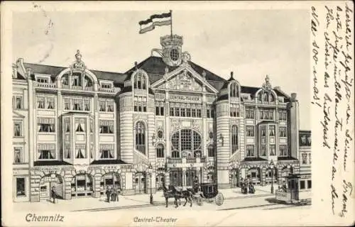 Ak Chemnitz in Sachsen, Central-Cheater Gebäude,  Architektur, Kutschen, Flaggen