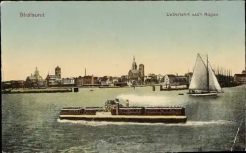 Ak Stralsund in Vorpommern, Stadtansicht, Fähre, Segelboot,  Architektur