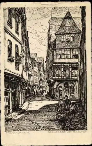 Ak Frankfurt am Main, Zeichnung einer Straßenansicht, Saalgasse vom Saalhof, alte Architektur