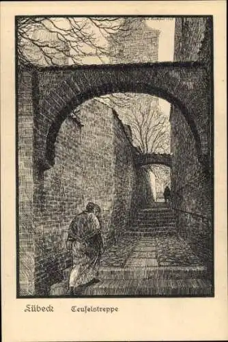 Ak Hansestadt Lübeck, Teufelstreppe, alte Steinmauer, traditionelles Bauwerk, Gehweg
