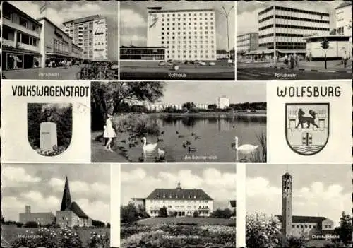 Ak Wolfsburg, Volkswagenstadt, Porschestr., Rathaus, Kreuzkirche, Christuskirche
