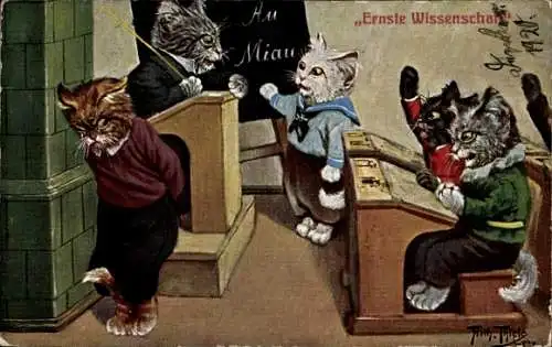 Künstler Ak Thiele, Arthur, Ernste Wissenschaft, Vermenschlichte Katzen in der Schule