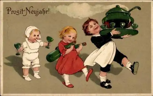 Ak Glückwunsch Neujahr, Kinder, Punsch, Weinglas