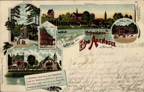 Litho Arendsee Altmark, Kurhaus, Klosterkirche, Ville Reip, Schule, Deepe Deel