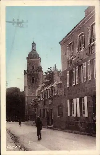 Ak Lesneven Finistère, Kirchturm, Hotel JE, Straße mit Fußgänger