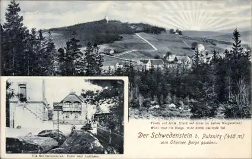 Ak Pulsnitz, Schwedenstein bei Sonnenaufgang, Lusthaus