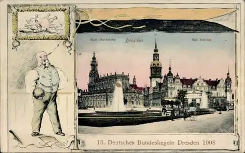 Passepartout Ak Dresden Altstadt, Hofkirche, Schloss, 13. Deutsches Bundeskegeln 1908