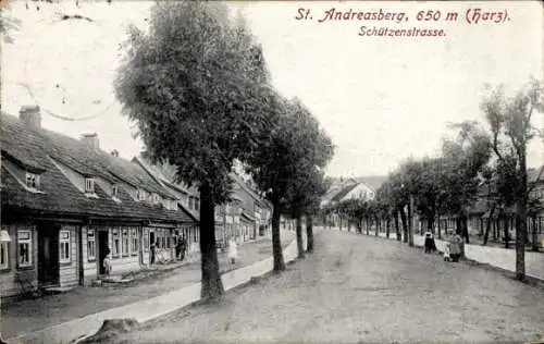 Ak St. Andreasberg Braunlage im Harz, Oderteich,  Schutzstraße, Bäume, Häuser, Straße, Personen