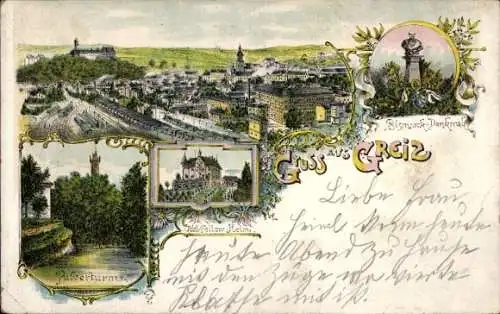 Ak Greiz im Vogtland Thüringen, Ansicht von  Bismarck-Denkmal, Schloss Teich