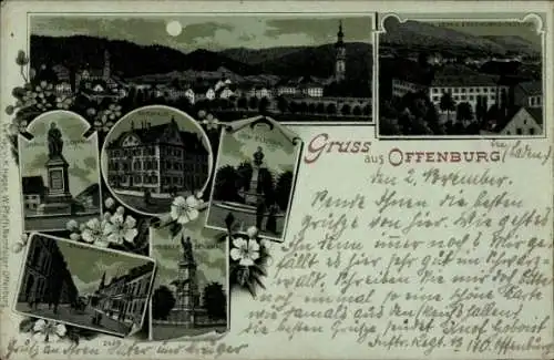 Mondschein Litho Offenburg in Baden Schwarzwald, Oken-Denkmal, Drake-Denkmal, Rathaus, Bahnhofstraße