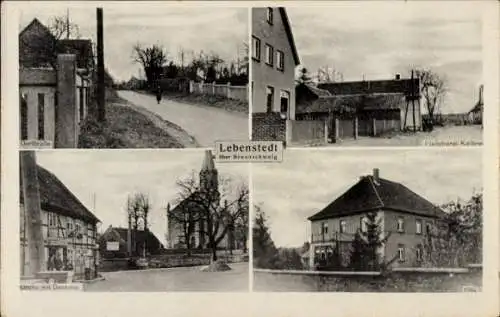 Ak Lebenstedt Salzgitter in Niedersachsen, Dorfstraße,  Kirche mit Denkmal, Fleischerei Kailbre,
