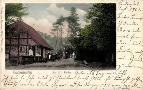 Ak Verden an der Aller, Illustration einer Mühle, Landschaft mit Bäumen, Menschen in der Nähe