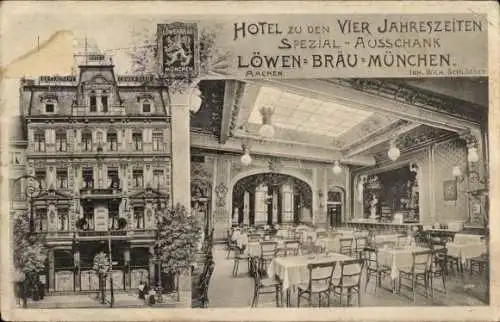 Ak Aachen, HOTEL ZU DEN VIER JAHRESZEITEN, LÖWEN-BRÄU, Speisezimmer