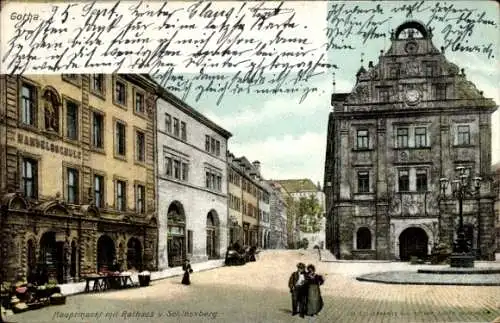 Ak Gotha in Thüringen, Hauptmarkt, Rathaus, Schlossberg, Handelsschule, farbige Darstellung